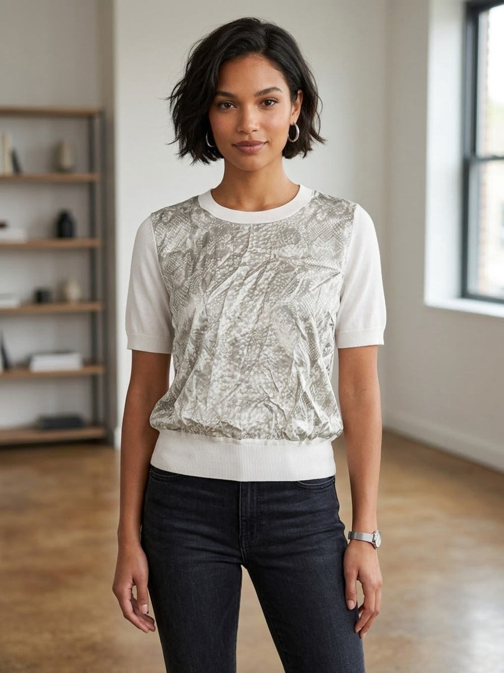 Escada Ivory Short-Sleeve Snake-Print Front Top